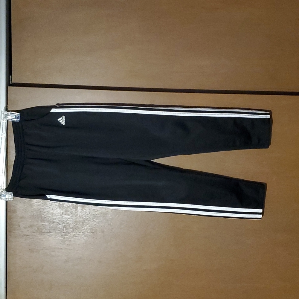 Adidas youth track pants, black with white stripes, medium 10/12